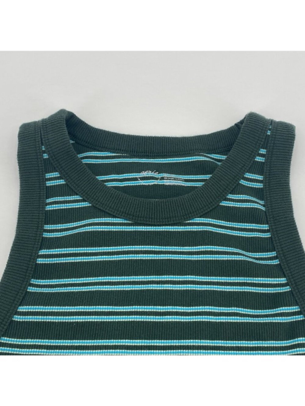 Aerie Women’s Size XL Green White Blue Striped Rib Knit Crop Tank Top Raw Hem - Picture 7 of 10